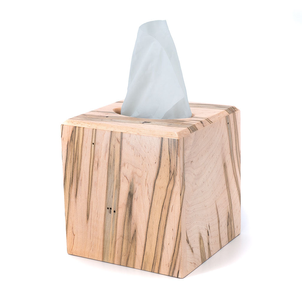 Handmade wood tissue box cover crafted using solid ambrosia maple. Wooden decor for bathrooms, home offices or any room.