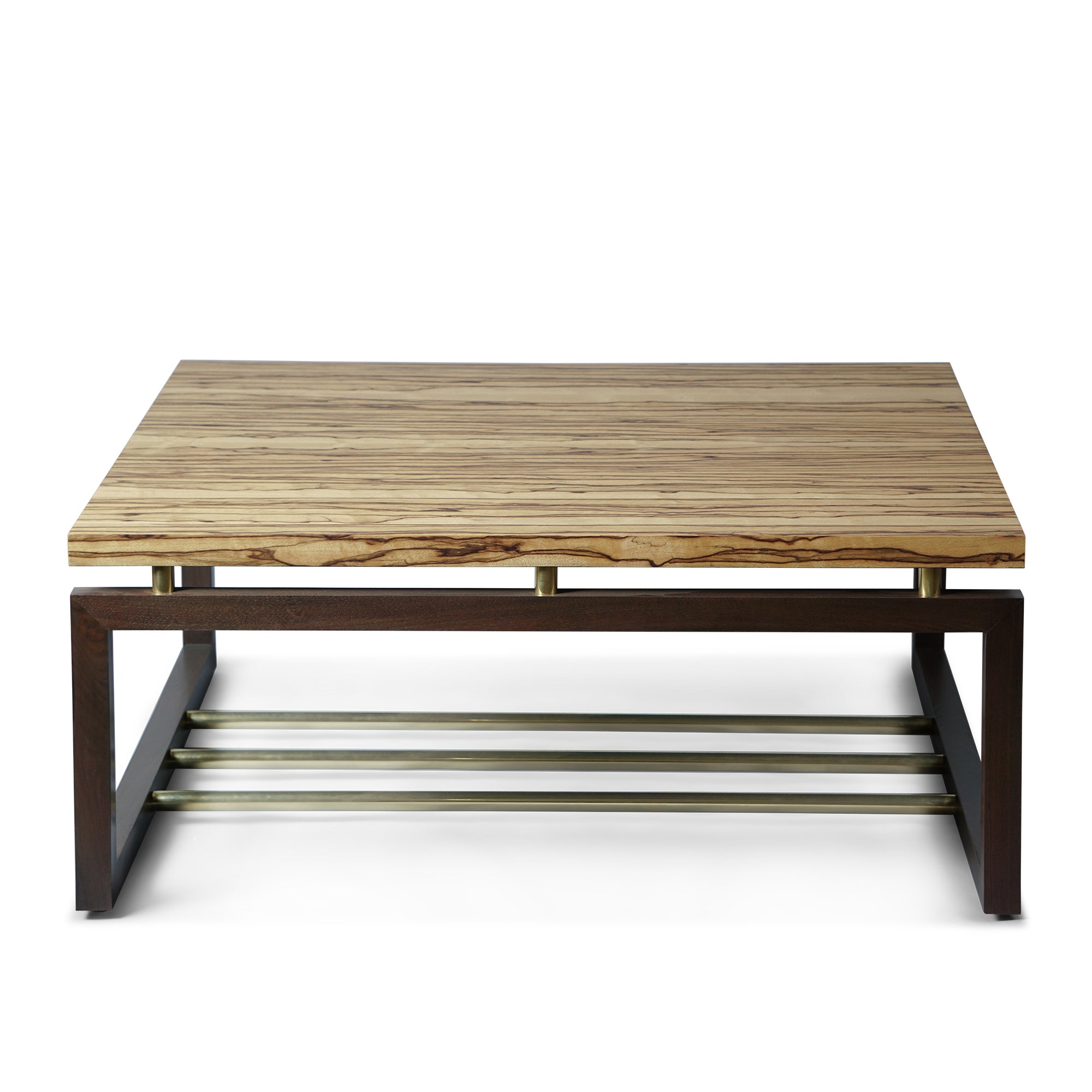 Black limba, walnut, and brass coffee table in matte lacquer.