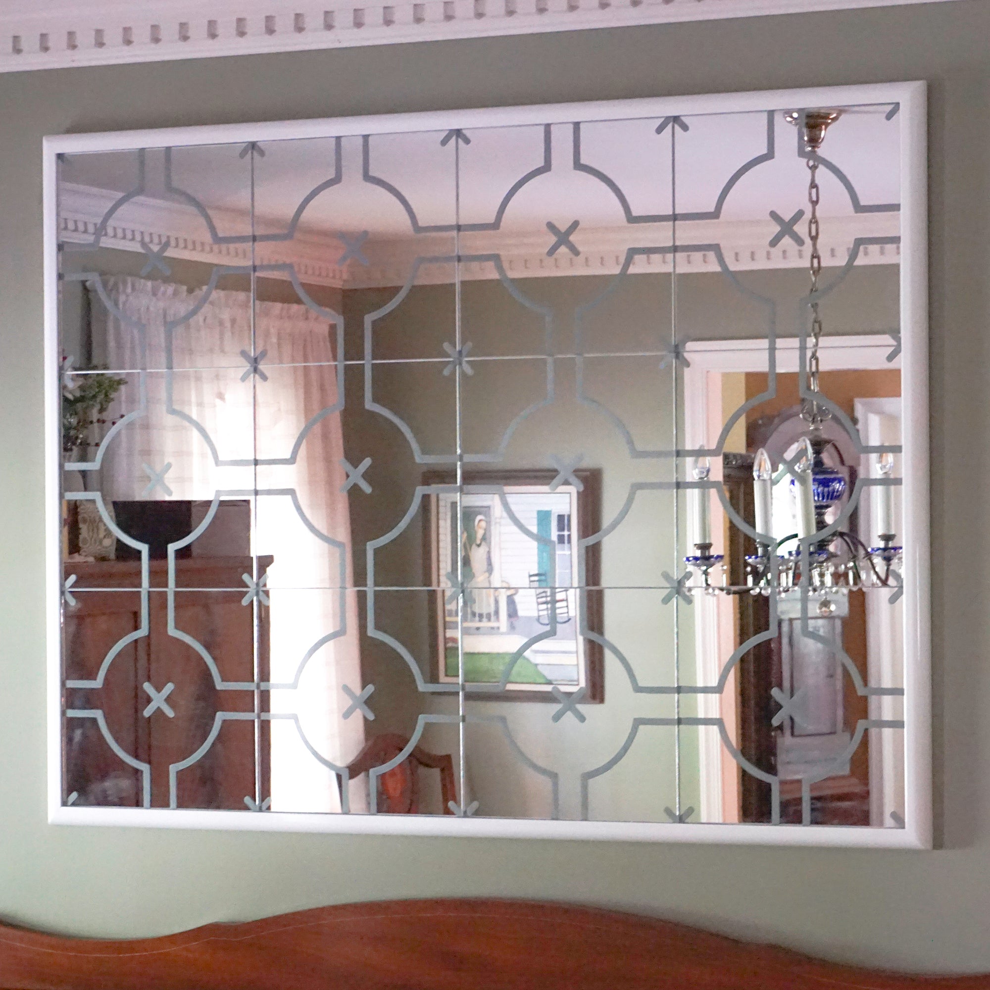 Large Etched Glass Mirror, Geometric Mid Century Art Mirror