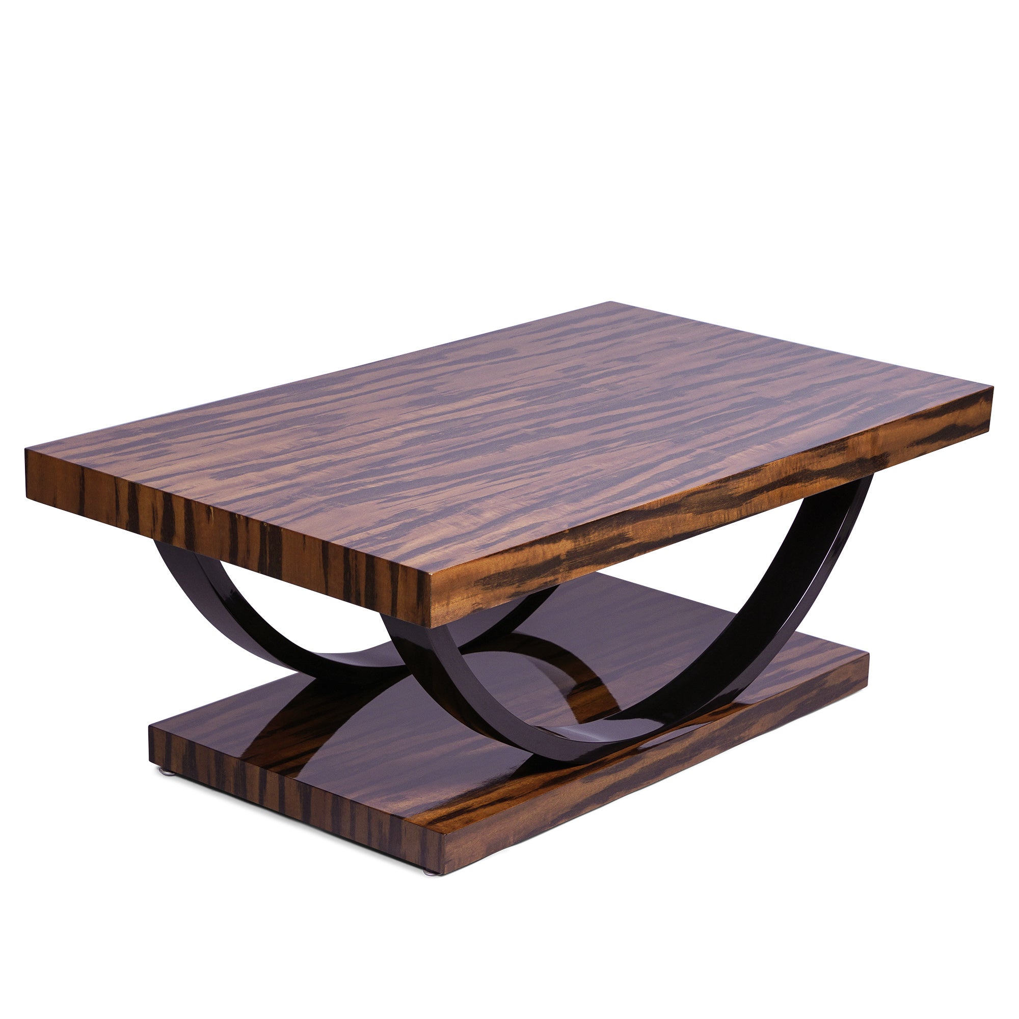 Goncalo Alves Exotic Wood Coffee Table, High Gloss Lacquer, Bent Tiger Maple Legs