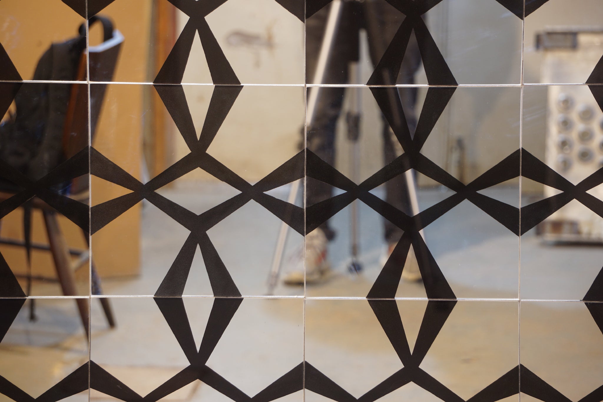 Etched Glass Mirror, Black Geometric Pattern, Mid Century Art Mirror