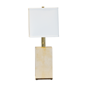 Parchment Lamp with brass fixtures and white linen shade.